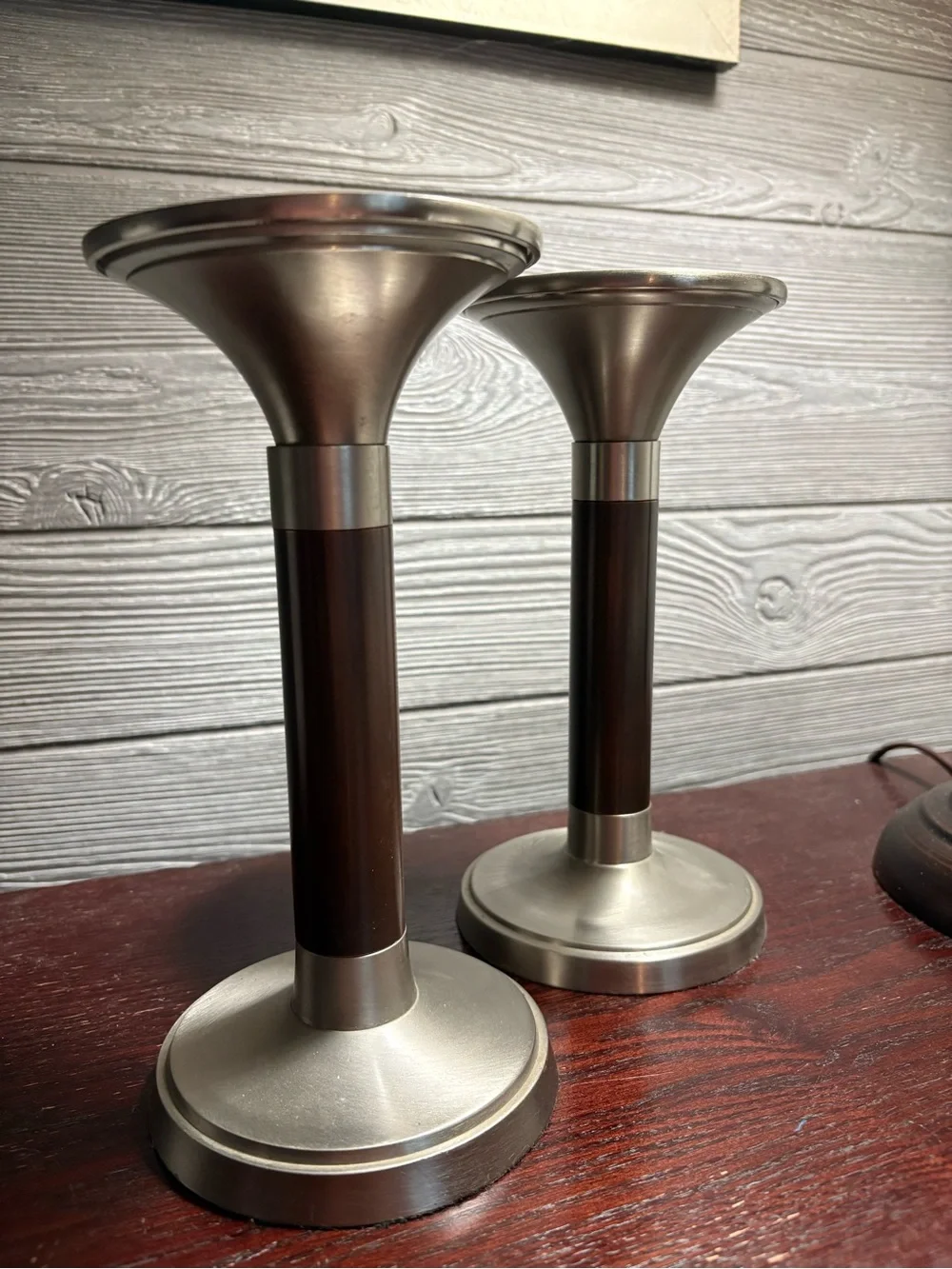Modern Metal & Dark Wood Candlestick Pair 8”tall